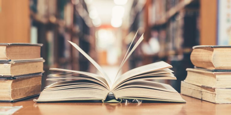 A stack of books in a library